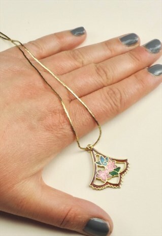 VINTAGE 80S, FLOWER ENAMEL CLOISONNE PENDANT NECKLACE