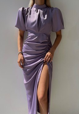 Amanda Ruched Halterneck Dress in Purple