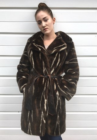 WOMENS VINTAGE LONG MIDI BROWN BEIGE FAUX FUR COAT WITH BELT