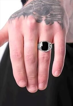 54 Floral Ornate Black Marble Circle Signet Ring - Silver