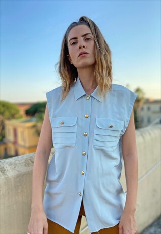 VINTAGE 80S LUISA SPAGNOLI PASTEL BLUE SLEEVELESS BLOUSE