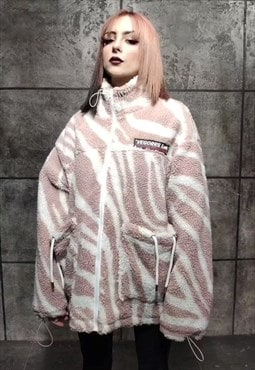 Zebra fleece jacket animal faux fur bomber coat cream stripe