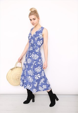 VINTAGE 90S BLUE PRINT MIDI DRESS