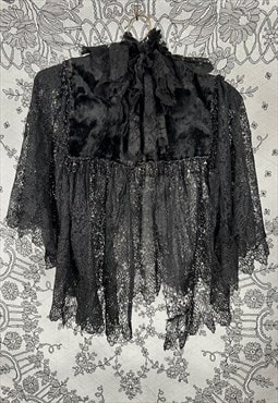 Victorian Antique Vintage Black Lace Velvet Ruffle Cape