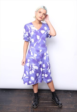 VINTAGE 90S PURPLE FLORAL MIDI BUTTON DRESS
