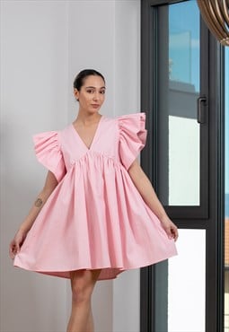 Pink Linen Mini Dress with Ruffle Sleeves 