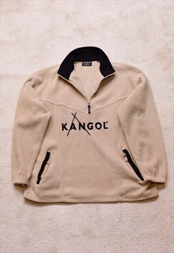 Vintage 90s Kangol Beige Embroidered 1/4 Zip Fleece Jacket