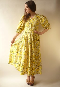 1980's Vintage Yellow Floral Cotton Puff Sleeve Midi Dress