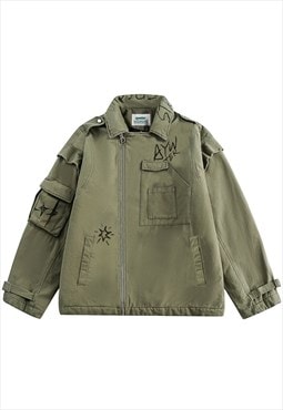 Utility denim jacket military bomber cargo pocket punk coat