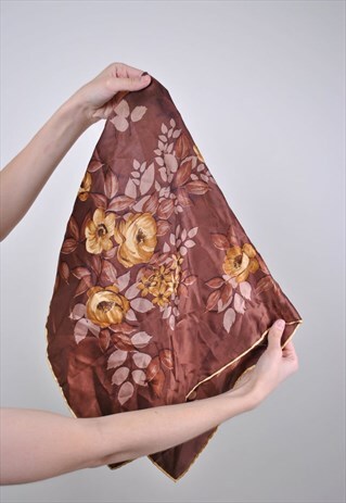 VINTAGE FLOWERS SHAWL, 90S BROWN WRAP, WOMEN FLORAL SCARVE