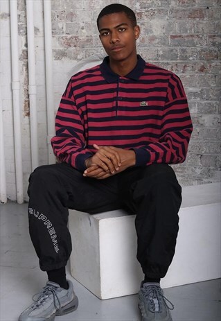 VINTAGE LACOSTE STRIPED LONG SLEEVE RUGBY POLO SHIRT RED