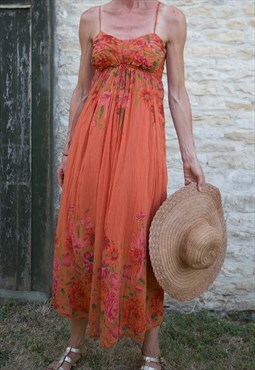 90s vintage summer dress spaghetti straps orange florals 