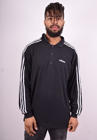 ADIDAS MENS VINTAGE POLO SHIRT LONG SLEEVE LARGE BLACK 90'S