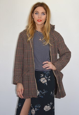 VINTAGE 90S BROWN & NAVY CHECK HOODED COAT