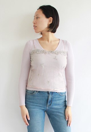 NUDE PINK SATIN LACE EMBROIDERY CAMI TOP