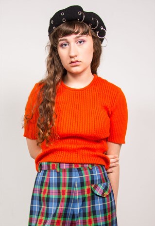 VINTAGE 70'S ORANGE KNIT RIBBED SHORT SLEEVE TOP