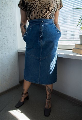 VINTAGE 80'S BLUE DENIM STUDDED MIDI SKIRT