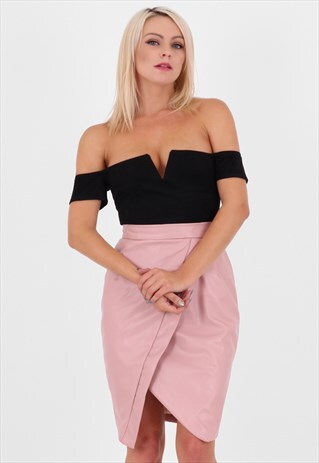 FAUX LEATHER PINK WRAP MIDI PENCIL SKIRT