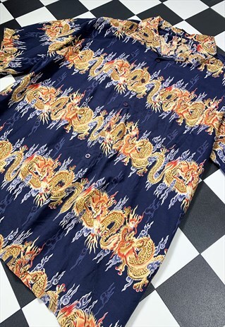 VINTAGE 00S Y2K DRAGON FLAMES BOWLING SHORT SLEEVE SHIRT