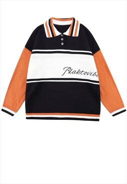 Knitted polo shirt horizontal stripe  jumper in orange