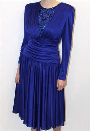 80S VINTAGE BRIGHT BLUE DRESS PROM EVENING BEADED DETAIL