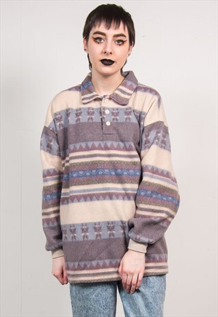 VINTAGE 90'S MULTICOLOUR PASTEL FLEECE QUARTER NECK JUMPER