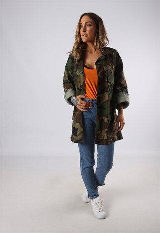VINTAGE ARMY CAMOUFLAGE JACKET OVERSIZED CAMO UK 14 (JE4E)