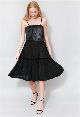 VINTAGE 1960'S BLACK TIERED SPOT SKIRT MIDI DRESS