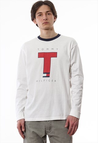 VINTAGE TOMMY HILFIGER TEE 90S WHITE LONG SLEEVE BIG LOGO