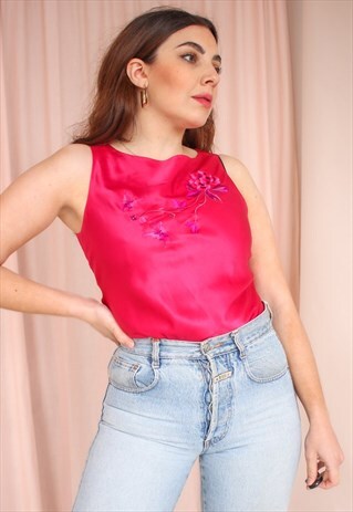 VINTAGE 90S EMBROIDERED SATIN TOP IN FUCHSIA