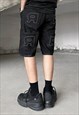 BLACK EMBROIDERED BAT DENIM RELAXED FIT SHORTS
