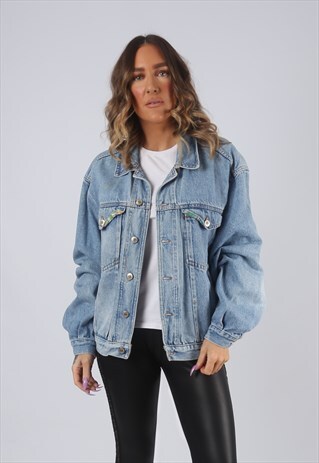 DENIM JACKET FLORAL TRIMS OVERSIZED FITTED UK 14 - 16 (GK2K)