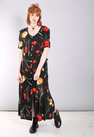 VINTAGE 90S FLORAL TIE BACK BUTTON MAXI DRESS