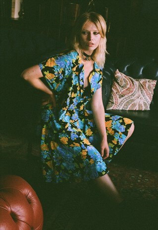 FLURO BLUE FLORAL VINTAGE MIDI DRESS