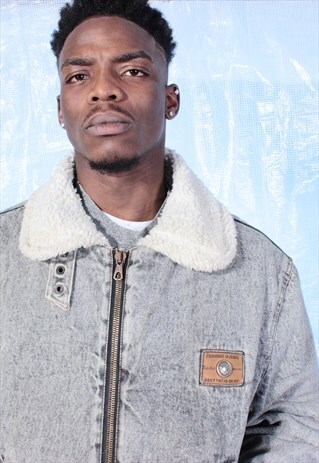 VINTAGE COMMONS IN JEANS ACID WASH GREY DENIM SHERPA JACKET