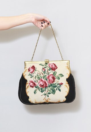 VINTAGE 1950'S STUNNING FLORAL ROSE TAPESTRY HAND BAG