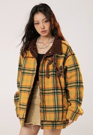 WOOLEN CHECK BOMBER FLEECE LINED PLAID JACKET WINTER COAT