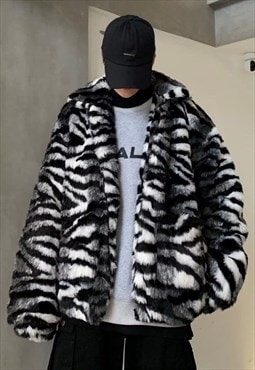 Zebra fleece jacket gradient stripe faux fur coat in grey