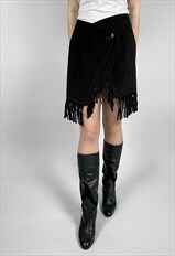 70's Ladies Black Suede Western Style Fringed Mini Skirt