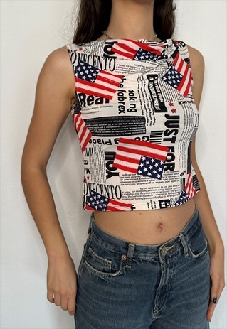 Y2K VINTAGE USA AMERICA FLAG NEWS PRINT CROP TOP