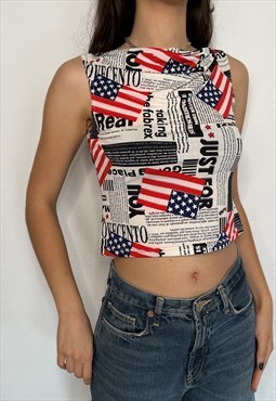 Y2K Vintage USA America Flag News Print Crop Top