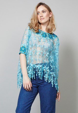 VINTAGE 70'S TURQUOISE LACE BOHO BLOUSE