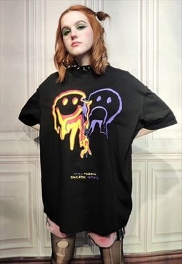 Burning emoji tee flame print t-shirt smile top in black