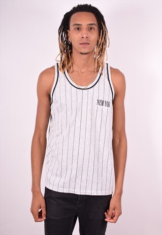 MENS VINTAGE VEST TOP XL GREY STRIPES 90S