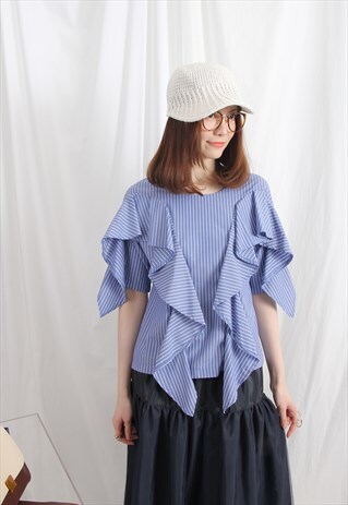 (KOREAN) FRILL TRIMS SHORT SLEEVES STRIPE BLOUSE
