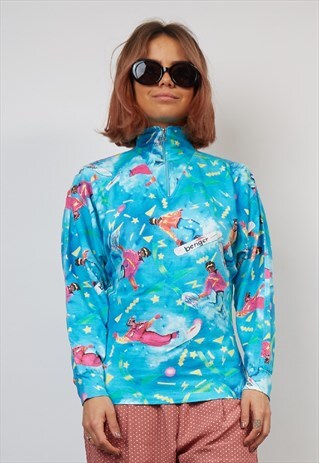VINTAGE 80'S BLUE SNOWBOARDING PRINT ZIP-UP SWEATSHIRT