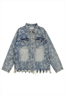 Ripped denim jacket thunder print  psychedelic jean bomber