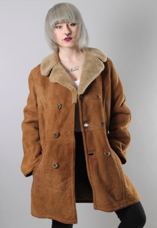 VINTAGE SUEDE SHEEPSKIN SHERPA LINED COAT JACKET XL