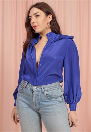 VINTAGE 80S PUFF SLEEVE BLOUSE IN ELECTRIC BLUE
