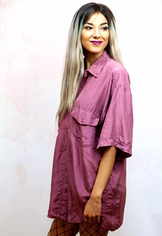 1990S VINTAGE PURPLE PURE SILK SHORT SLEEVE OVERSIZED SHIRT